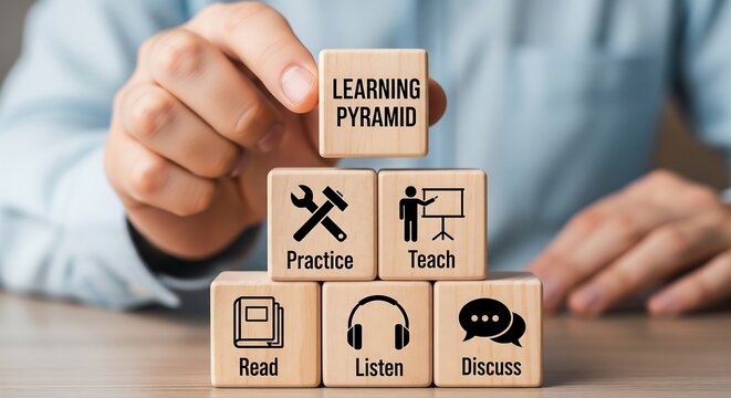 A person stacking wooden blocks that illustrate the learning pyramid, showing stages like reading, listening, discussing, practicing, and teaching.