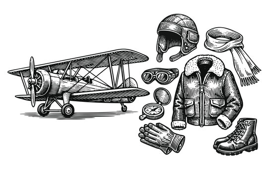 Retro vintage engraving of a classic biplane airplane alongside aviator pilot gear including goggles leather helmet and propeller for nostalgic aviation history and flight enthusiasts artwork.