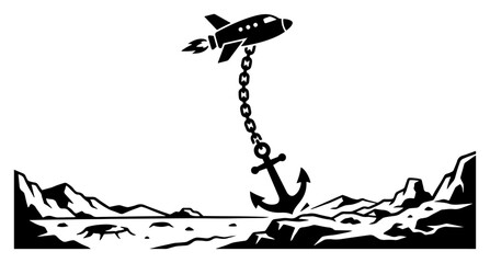 Rocket ship held back by heavy chain and anchor for business limitation and obstacle concept in minimalist silhouette style © Camel