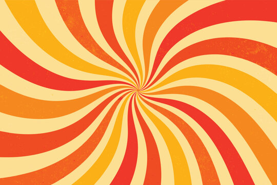 Vibrant groovy retro starburst background with yellow sun rays and abstract wavy swirls. Psychedelic 70s style vector illustration perfect for nostalgic posters, web design, and creative art projects.