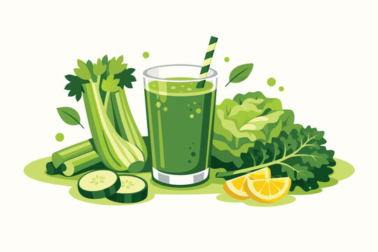 Fresh Healthy Green Juice Drink with Celery Lettuce and Kale Ingredients Displayed in a Simple Flat Vector Illustration for Wellness Nutrition Healthy Lifestyle and Detox Smoothie Recipes