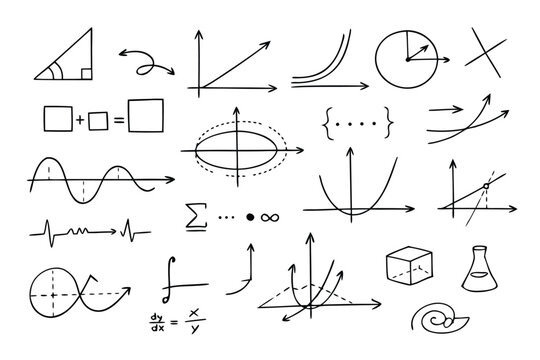 Detailed handwritten mathematical equations and geometric diagrams on a clean white background, featuring complex formulas, calculus graphs, and scientific theory notes in a vector format.