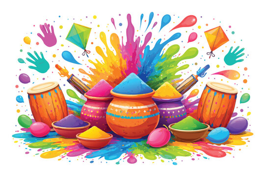 Colorful Holi Hai festival banner and social media post template with vibrant powder splashes and decorative title for Indian spring celebration poster flyer and traditional holiday event art.