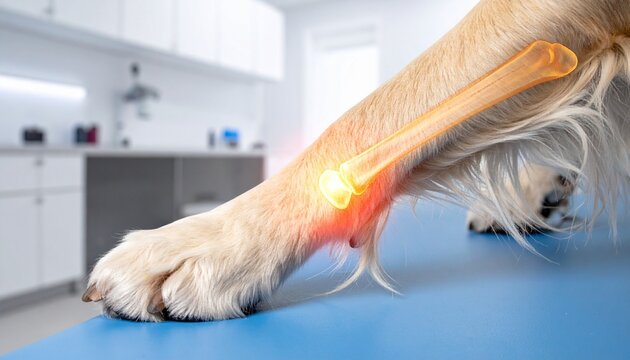 A close‑up of a dog&rsquo;s front leg with glowing red bones, symbolizing joint pain, veterinary diagnostics, and the intersection of animal anatomy and medical technology.