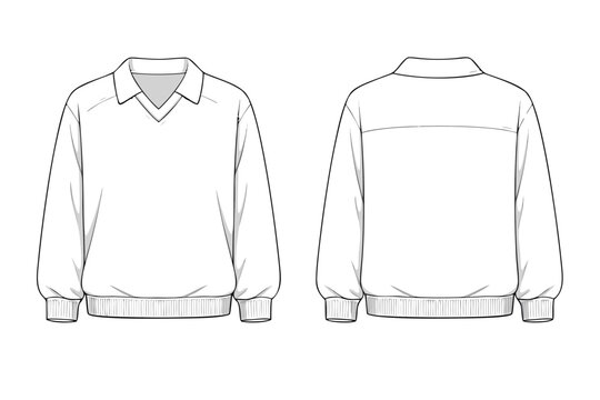 Pullover Sweatshirt with Collar Fashion Flat Sketch Template for Apparel Design, Sweater Fashion Flat Technical Drawing Vector Illustration for Garment Manufacturing and Clothing Style Development
