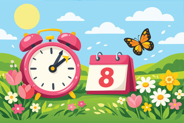 Naklejka premium Spring Forward 2026 Daylight Saving Time graphic banner or background design. Bright outdoor illustration featuring classic clocks, vibrant nature elements, blooming flowers, and sunny skies.