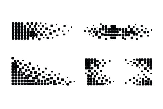 Artistic black pixel art grid banners featuring fragmented rounded block elements and broken dispersion effects creating a dynamic geometric pattern for creative digital backgrounds and compositions.