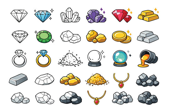 Comprehensive collection of versatile vector icon designs representing various states and forms of precious stones, sparkling crystals, and minerals from raw ores to polished luxury gemstones.