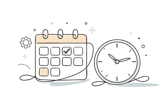 Elegant continuous line art illustration featuring a calendar and a clock to symbolize effective time management, organizational scheduling, and productivity concepts in a minimalist style.