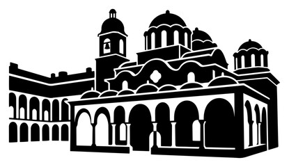Orthodox cathedral with large domes and arched architecture in silhouette style © Camel