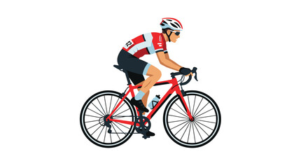 Fototapeta premium A male professional cyclist wearing a red racing jersey and white helmet rides a modern red bicycle across a solid white studio background with soft lighting.
