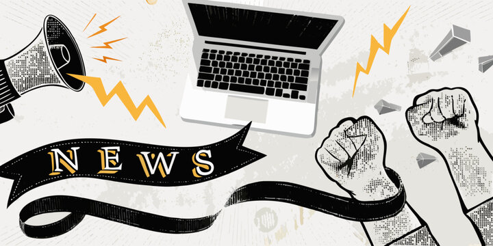 News announcement with laptop megaphone and raised fists illustration