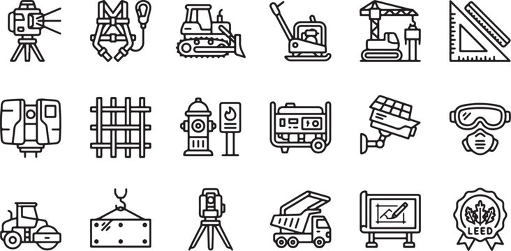 Advanced Construction Equipment and Safety Line Icons Set &mdash; Bulldozer, Crane, Excavator, Total Station, Safety Harness, Generator, LEED Badge Vector Symbols