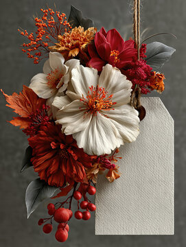 Elegant autumn floral arrangement with blank gift tag on rustic string