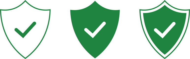 Three green shield with checkmarks, outline, solid, and double border variations © farhanatisha