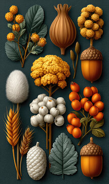 Autumn botanical collection with acorns, pinecones, and dried berries on dark background