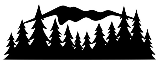 Pine forest tree silhouettes with mountain range background in flat black and white style © Camel