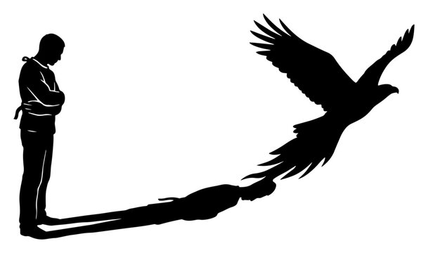 Man in straitjacket with his shadow transforming into a flying bird in symbolic silhouette style