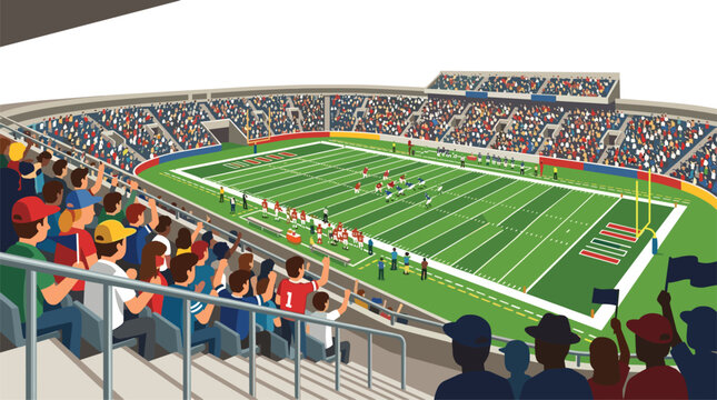 An isometric view of a large football stadium featuring fans in the stands watching a game in progress on the green grass field surface.
