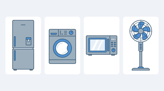 Modern household appliances line art set refrigerator, washing machine, microwave oven, and electric fan. Essential for domestic comfort and daily convenience