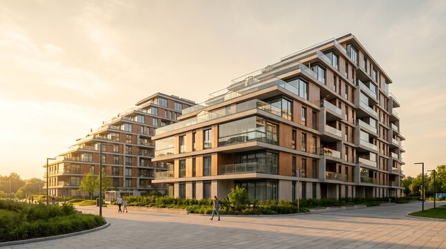 Modern Residential Apartment Complex Exterior at Golden Hour