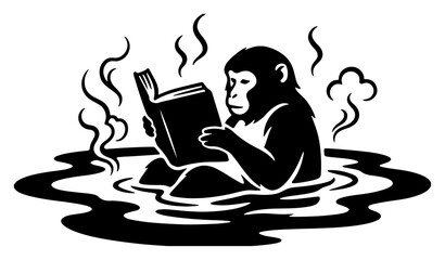 Monkey reading book while relaxing in hot spring onsen water silhouette