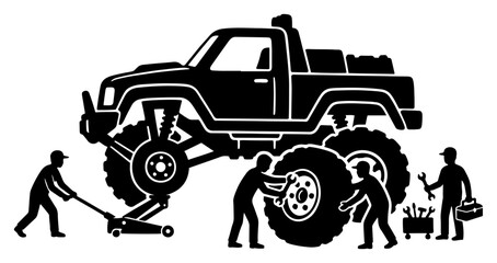 Monster truck being repaired by a team of mechanics in a garage silhouette © Camel