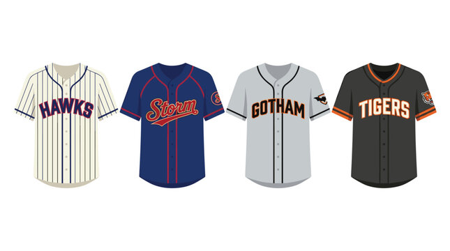 Four distinct baseball jerseys, featuring team names 'Hawks', 'Storm', 'Gotham', and 'Tigers', are presented neatly in a row against a clean white background.