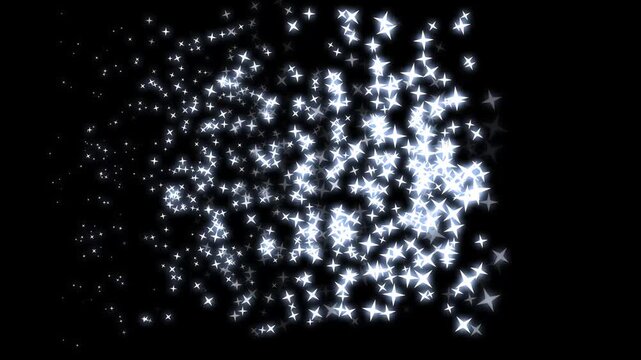 White sparkling glitter stars animation, glowing fairy dust shimmer trail, luxury twinkle particle burst, magic glitter star sparkle moveable effect, elegant festive star overlay on black screen.4k