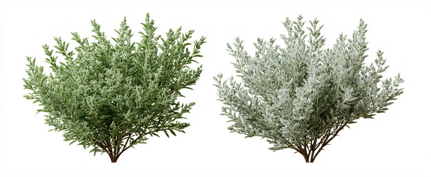 Brightly lit Atriplex canescens and Calligonum comosum duo isolated on a white backdrop