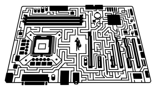 Motherboard circuit board integrated with complex maze and tiny businessman silhouette in conceptual technology style