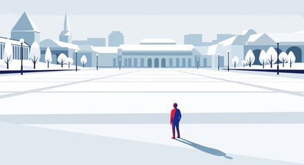 Lone person in vast snowy plaza facing grand architecture, minimalist winter cityscape © Ilma