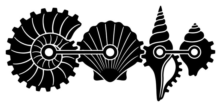 Seashells and mechanical gears combined for biomimicry and evolution concept silhouette
