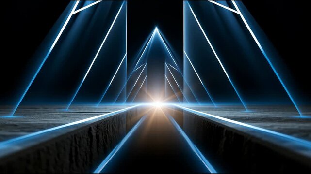 Futuristic abstract light beam corridor tunnel with glowing blue arrow rise, business growth concept innovation progress direction success path, digital neon arrow road background bright horizon