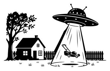 UFO flying saucer abducting lawnmower from farmhouse garden in conceptual silhouette style © Camel