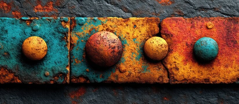 Close-up of four colorful square blocks with round objects on each, textured and rusty