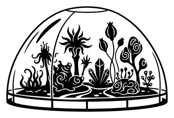 Alien flora and crystals inside a protective glass dome in detailed silhouette style © Camel