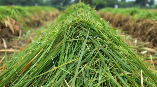 Chopped napier grass piled in rows on farm field. Fresh cut green fodder prepared for animal feed. Sustainable agriculture harvest of coarse fodder for livestock.