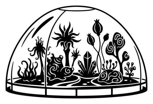 Alien flora and crystals inside a protective glass dome in detailed silhouette style