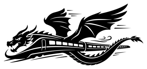 High speed train shaped like flying dragon in black and white silhouette style © Camel