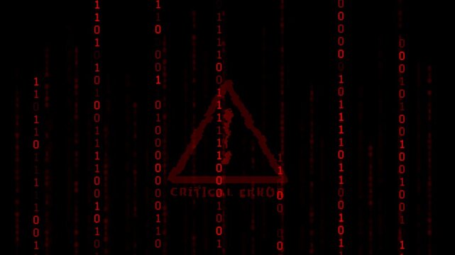 animated critical message with warning symbols, binary code