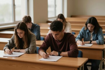 Fototapeta premium Students take exam in university classroom rows. Young adults concentrate writing on paper sheets at wooden desks. Academic test and study hall learning environment.