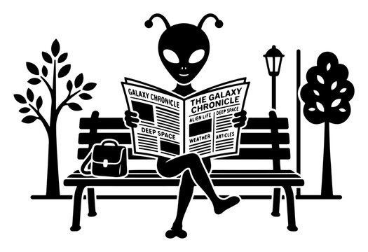 Alien sitting on park bench reading galaxy chronicle newspaper in conceptual silhouette style