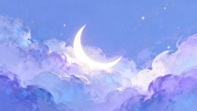 Crescent moon in cloudy sky