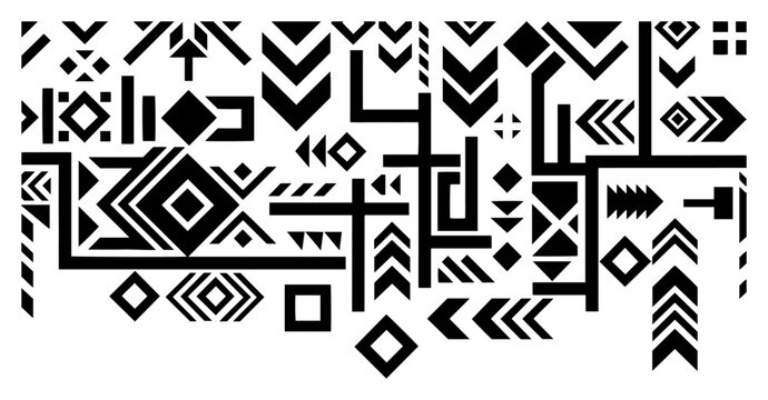 Tribal geometric pattern with ethnic folk motifs and abstract symbols in flat vector style