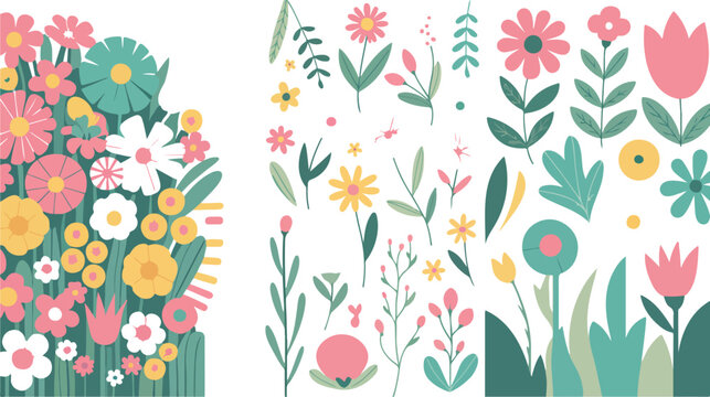 Flat flower background illustration with stylized blooms geometric leaves and vibrant botanical motifs arranged in elegant vertical pattern layout