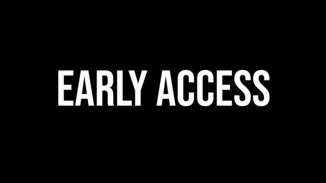 Early Access text animation, kinetic typography glitch effect. Animated white letters chaotic assembly on black background. Video game alpha launch intro, software testing promo title.
