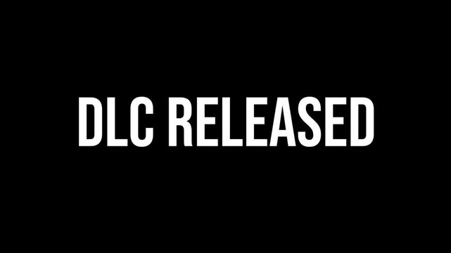 DLC Released text animation, kinetic typography glitch effect. Animated white letters chaotic assembly on black background. Gaming expansion launch intro, video game update title.