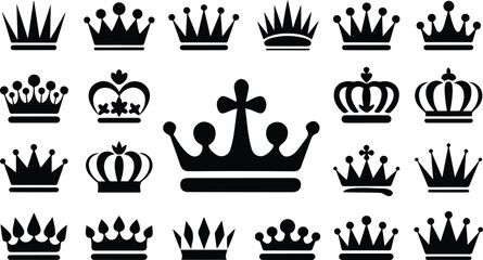 Minimal black crown symbol set with luxury royal emblems ornate tiaras and geometric monarchy icons in modern vector layout © Mousumi