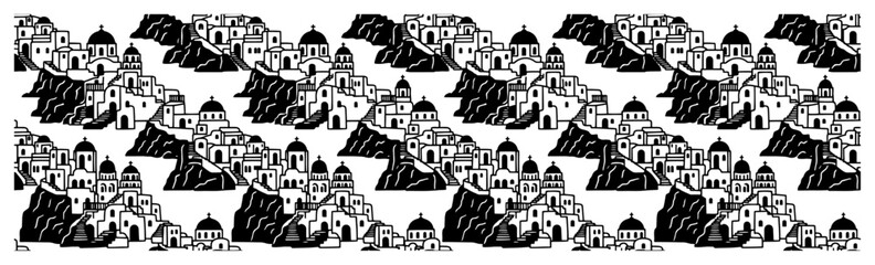 Mediterranean coastal village pattern featuring houses with domes and rocky cliffs in graphic silhouette style © Camel